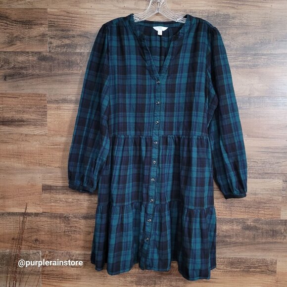 Time & Tru Flannel Plaid Tiered Peasant Dress L Blue Green Pockets Country Girl - Picture 1 of 13